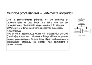 Múltiplos processadores – Fortemente acoplados
Com o processamento paralelo, há um aumento do
processamento e caso haja uma falha em um dos
processadores, não impacta na performance do sistema.
O Windows e o Linux suportam os sistemas simétricos.
- Assimétricos
Nos sistemas assimétricos existe um processador principal
(mestre) que controla o sistema e delega atividades para os
demais processadores. Se acontecer algum problema com o
processador principal, os demais não continuam o
processamento.
Fonte: Autora
 