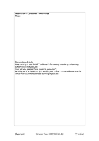 [Type	
  text]	
   Nicholas	
  Yates	
  CC	
  BY-­‐NC-­‐ND-­‐4.0	
   [Type	
  text]	
  
Instructional Outcomes / Objectives
Notes
Discussion / Activity
How could you use SMART or Bloom’s Taxonomy to write your learning
outcomes and objectives?
How will you assess these learning outcomes?
What types of activities do you want in your online course and what are the
verbs that would reflect these learning objectives?
 
