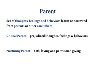 Set of thoughts, feelings and behaviors learntor borrowed
from parents or other caretakers
Parent
CriticalParent – prejudicedthoughts, feelings &behaviors
NurturingParent – Soft, lovingandpermission giving
 