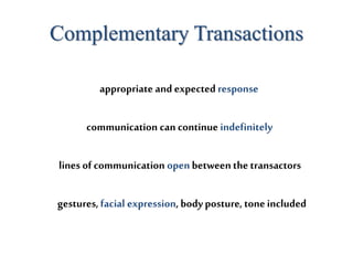 Complementary Transactions
appropriate and expected response
communication can continue indefinitely
lines of communication openbetweenthe transactors
gestures,facial expression, bodyposture, tone included
 