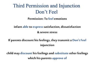 Third Permission and Injunction
Don’t Feel
Permission: To feel emotions
infantable to express satisfaction, dissatisfaction
& severe stress
If parents discount his feelings, they transmit a Don’t Feel
injunction
childmay discount his feelingsand substitute other feelings
whichhis parents approve of
 