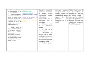 sociedades sobre el medio en
que se desenvuelven y al que
organizan. C1,C3,C5
2. Adquirir y emplear el
vocabulario específico que
aportan las ciencias sociales
para que su incorporación al
vocabulario habitual aumente
la precisión en el uso del
lenguaje y mejore la
comunicación. C1,C3,C5
3. Realizar tareas en
grupo y participar en debates
con una actitud constructiva,
crítica y tolerante,
fundamentando
adecuadamente las opiniones y
valorando el diálogo como una
vía necesaria para la solución
de los problemas humanos y
sociales. C1,C3,C5
tecnología
Competencia digital
Aprender a aprender X
Competencias sociales y cívicas
X
Sentido de la iniciativa y
espíritu emprendedor.
Conciencia y expresiones
culturales.
obtención y selección de
información del entorno,
de fuentes escritas,
iconográficas, gráficas,
audiovisuales y
proporcionadas por las
tecnologías de la
información.
2. Elaboración escrita
de la información
obtenida.
3. La vida en el
espacio urbano.
4. Urbanización del
territorio en el mundo
actual y jerarquía urbana.
5. Funciones e
identificación espacial de
la estructura urbana.
6. Problemas urbanos.
diferentes funciones
del espacio urbano y se
proponen medidas que
contribuyan a mejorar
algunos de los
problemas que
presenta la vida en la
ciudad.
Analizar el crecimiento de
las áreas urbanas, la
diferenciación funcional
del espacio urbano y
alguno de los problemas
que se les plantean a sus
habitantes, aplicando este
conocimiento a ejemplos
de ciudades españolas.
 