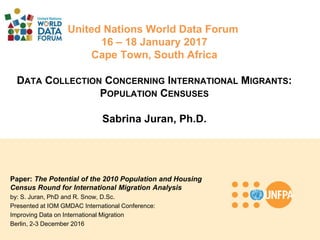 United Nations World Data Forum
16 – 18 January 2017
Cape Town, South Africa
DATA COLLECTION CONCERNING INTERNATIONAL MIGRANTS:
POPULATION CENSUSES
Sabrina Juran, Ph.D.
Paper: The Potential of the 2010 Population and Housing
Census Round for International Migration Analysis
by: S. Juran, PhD and R. Snow, D.Sc.
Presented at IOM GMDAC International Conference:
Improving Data on International Migration
Berlin, 2-3 December 2016
 
