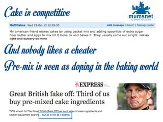 Cake is competitive
And nobody likes a cheater
Pre-mix is seen as doping in the baking world
 