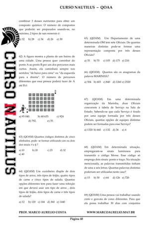 CURSO NAUTILUS – QOAA
PROF. MARCO AURELIO COSTA WWW.MARCOAURELIO.MAT.BR
Página 40
combinar 3 desses nutrientes para obter um
composto químico. O número de compostos
que poderão ser preparados usando-se, no
máximo, 2 tipos de sais minerais é:
a) 32 b) 28 c) 34 d) 26 e) 30
62) A figura mostra a planta de um bairro de
uma cidade. Uma pessoa quer caminhar do
ponto A ao ponto B por um dos percursos mais
curtos. Assim, ela caminhará sempre nos
sentidos “de baixo para cima” ou “da esquerda
para a direita”. O número de percursos
diferentes que essa pessoa poderá fazer de A
até B é:
a) 95 040. b) 40 635. c) 924
d) 792. e) 35.
63) (QOAM) Quantos códigos distintos de cinco
alinhados, pode- se formar utilizando um ou dois
dos sinais: # e § ?
a) 10 b) 20 c) 25 d) 32
e) 40
64) (QOAM) Um cozinheiro dispõe de dois
tipos de arroz, três tipos de feijão, quatro tipos
de carne e cinco tipos de salada. Quantas
opções diferentes tem para fazer uma refeição
em que deverá usar um tipo de arroz , dois
tipos de feijão, dois tipos de carne e três tipos
de salada?
a) 12 b) 120 c) 144 d) 360 e) 1440
65) (QOAM) Um Departamento de uma
determinada OM tem sete Oficiais. De quantas
maneiras distintas pode-se formar uma
representação composta por três desses
Oficiais?
a) 35 b) 70 c) 105 d) 175 e) 210
66) (QOAM) Quantos são os anagramas da
palavra MARINHA?
a) 504 b) 603 c) 840 d) 1260 e) 2520
67) (QOAM) Em uma determinada
organização da Marinha, doze Oficiais
concorrem à tabela de Serviço na Sala de
Estado. Sabendo-se que cada Serviço é tirado
por uma equipe formada por três desses
Oficiais, quantas opções de equipes distintas
podem ser formadas para esse Serviço?
a) 1320 b) 660 c) 132 d) 36 e) 4
68) (QOAM) Em determinada situação,
empregaram-se sinais luminosos para
transmitir o código Morse. Esse código só
emprega dois sinais: ponto e traço. Na situação
mencionada, as palavras transmitidas tinham
de uma a seis letras. Quantas palavras distintas
poderiam ser utilizadas neste caso?
a) 15 b) 30 c) 64 d) 126 e) 720
69) (QOAM) Uma pessoa vai trabalhar usando
cinto e gravata de cores diferentes. Para que
ela possa trabalhar 30 dias com conjuntos
 