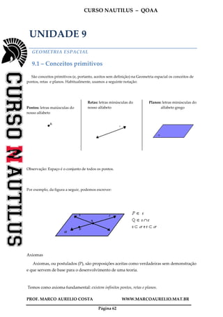 CURSO NAUTILUS – QOAA
PROF. MARCO AURELIO COSTA WWW.MARCOAURELIO.MAT.BR
Página 62
UNIDADE 9
GEOMETRIA ESPACIAL
9.1 – Conceitos primitivos
São conceitos primitivos (e, portanto, aceitos sem definição) na Geometria espacial os conceitos de
pontos, retas e planos. Habitualmente, usamos a seguinte notação:
Pontos: letras maiúsculas do
nosso alfabeto
Retas: letras minúsculas do
nosso alfabeto
Planos: letras minúsculas do
alfabeto grego
Observação: Espaço é o conjunto de todos os pontos.
Por exemplo, da figura a seguir, podemos escrever:
Axiomas
Axiomas, ou postulados (P), são proposições aceitas como verdadeiras sem demonstração
e que servem de base para o desenvolvimento de uma teoria.
Temos como axioma fundamental: existem infinitos pontos, retas e planos.
 
