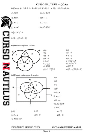 CURSO NAUTILUS – QOAA
PROF. MARCO AURELIO COSTA WWW.MARCOAURELIO.MAT.BR
Página 4
04) Sendo A = {1; 2; 3; 4}, B = {1; 3; 4}, C = {1, 4} e D = { 0; 2; 5}, calcule:
a) C S D b) A S B S D
c) A T B d) C T D
e) B@ C f) C @ A
g) A @ C h) A T BT C
i) A S C
b c
T B
j) B@ A
` a
T D @ C
` a
05) Dado o diagrama, calcule:
a) A b) B
c) C d) A – B
e) B – A f) A – C
g) C – A h) C – B
i) B – C j)
l) m) A T BT C
n) A T B o)
p) A S C
b c
T B q) B@ A
` a
T D @ C
` a
06) Usando o diagrama, determine:
a) A
b) B
c) C
d) U
e) B – A
f) A – C
g) C – A
h) A S B S D
i) B – C
j) CU
A
l) CU
B
m) CU
C
n) C – A o) C – B p) B – C
q)
 