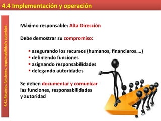 4.4	
  Implementación	
  y	
  operación	
  4.4.1	
  Recursos,	
  funciones,	
  responsabilidad	
  y	
  autoridad	
  
Máximo	
  responsable:	
  Alta	
  Dirección	
  	
  
	
  
Debe	
  demostrar	
  su	
  compromiso:	
  
	
  
§ 	
  asegurando	
  los	
  recursos	
  (humanos,	
  ﬁnancieros….)	
  
§ 	
  deﬁniendo	
  funciones	
  
§ 	
  asignando	
  responsabilidades	
  
§ 	
  delegando	
  autoridades	
  
	
  
Se	
  deben	
  documentar	
  y	
  comunicar	
  	
  
las	
  funciones,	
  responsabilidades	
  	
  
y	
  autoridad	
  
 