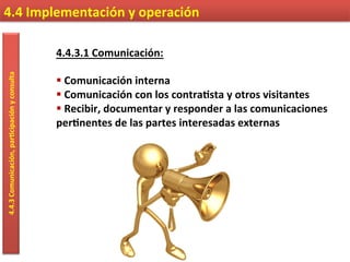 4.4	
  Implementación	
  y	
  operación	
  4.4.3	
  Comunicación,	
  par9cipación	
  y	
  consulta	
  
4.4.3.1	
  Comunicación:	
  
	
  
§ 	
  Comunicación	
  interna	
  
§ 	
  Comunicación	
  con	
  los	
  contra9sta	
  y	
  otros	
  visitantes	
  
§ 	
  Recibir,	
  documentar	
  y	
  responder	
  a	
  las	
  comunicaciones	
  
per9nentes	
  de	
  las	
  partes	
  interesadas	
  externas	
  
 