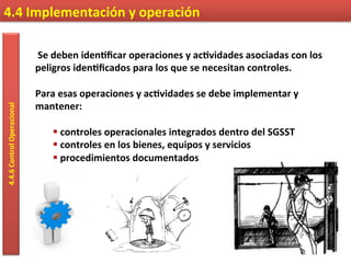 4.4	
  Implementación	
  y	
  operación	
  4.4.6	
  Control	
  Operacional	
  
	
  Se	
  deben	
  iden9ﬁcar	
  operaciones	
  y	
  ac9vidades	
  asociadas	
  con	
  los	
  
peligros	
  iden9ﬁcados	
  para	
  los	
  que	
  se	
  necesitan	
  controles.	
  
	
  
Para	
  esas	
  operaciones	
  y	
  ac9vidades	
  se	
  debe	
  implementar	
  y	
  
mantener:	
  
	
  
§ 	
  controles	
  operacionales	
  integrados	
  dentro	
  del	
  SGSST	
  
§ 	
  controles	
  en	
  los	
  bienes,	
  equipos	
  y	
  servicios	
  
§ 	
  procedimientos	
  documentados	
  
 