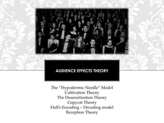 AUDIENCE EFFECTS THEORY

The “Hypodermic Needle” Model
Cultivation Theory
The Desensitisation Theory
Copycat Theory
Hall’s Encoding – Decoding model
Reception Theory

 