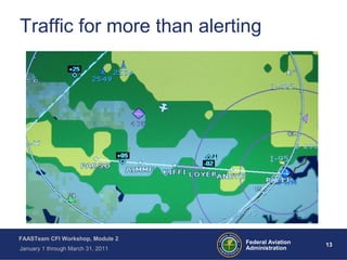 13 13Federal Aviation
Administration
FAASTeam CFI Workshop, Module 2
January 1 through March 31, 2011
Traffic for more than alerting
 