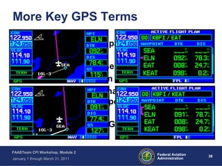 38 38Federal Aviation
Administration
FAASTeam CFI Workshop, Module 2
January 1 through March 31, 2011
More Key GPS Terms
• Waypoint: a point is space the GPS can use
for navigation
• Flight Plan: a stored series of waypoints
• Leg: the path between two waypoints
• Direct-to: a function that creates a leg
between the present position and a
waypoint
• Sequencing: how the GPS will behave after
crossing a waypoint
 