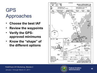 49 49Federal Aviation
Administration
FAASTeam CFI Workshop, Module 2
January 1 through March 31, 2011
GPS
Approaches
• Choose the best IAF
• Review the waypoints
• Verify the GPS-
approved minimums
• Know the “shape” of
the different options
 