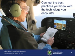 5 5Federal Aviation
Administration
FAASTeam CFI Workshop, Module 2
January 1 through March 31, 2011
Connect the best
practices you know with
the technology you
encounter
 