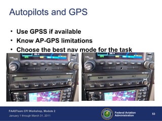 53 53Federal Aviation
Administration
FAASTeam CFI Workshop, Module 2
January 1 through March 31, 2011
Autopilots and GPS
• Use GPSS if available
• Know AP-GPS limitations
• Choose the best nav mode for the task
 
