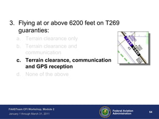 64 64Federal Aviation
Administration
FAASTeam CFI Workshop, Module 2
January 1 through March 31, 2011
3. Flying at or above 6200 feet on T269
guaranties:
a. Terrain clearance only
b. Terrain clearance and
communication
c. Terrain clearance, communication
and GPS reception
d. None of the above
 