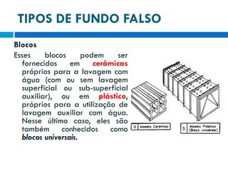 TIPOS DE FUNDO FALSO
Blocos
Esses
blocos
podem
ser
fornecidos em
cerâmicas
próprios para a lavagem com
água (com ou sem lavagem
superficial ou sub-superficial
auxiliar), ou em plástico,
próprios para a utilização de
lavagem auxiliar com água.
Nesse último caso, eles são
também conhecidos como
blocos universais.

 