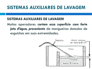 SISTEMAS AUXILIARES DE LAVAGEM
SISTEMAS AUXILIARES DE LAVAGEM
Muitos operadores cortam essa superfície com forte
jato d’água, proveniente de mangueiras dotadas de
esguichos em suas extremidades.

 