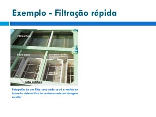 Exemplo - Filtração rápida

Fotografia de um filtro seco onde se vê a malha de
tubos do sistema fixo de contracorrente ou lavagem
auxiliar

 