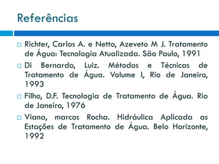 Referências








Richter, Carlos A. e Netto, Azeveto M J. Tratamento
de Água: Tecnologia Atualizada. São Paulo, 1991
Di Bernardo, Luiz. Métodos e Técnicas de
Tratamento de Água. Volume I, Rio de Janeiro,
1993
Filho, D.F. Tecnologia de Tratamento de Água. Rio
de Janeiro, 1976
Viana, marcos Rocha. Hidráulica Aplicada as
Estações de Tratamento de Água. Belo Horizonte,
1992

 