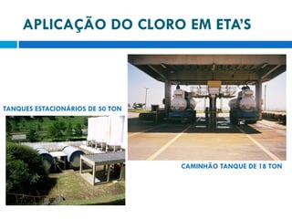 APLICAÇÃO DO CLORO EM ETA’S

TANQUES ESTACIONÁRIOS DE 50 TON

CAMINHÃO TANQUE DE 18 TON

 