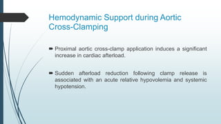 Hemodynamic Support during Aortic
Cross-Clamping
 Proximal aortic cross-clamp application induces a significant
increase in cardiac afterload.
 Sudden afterload reduction following clamp release is
associated with an acute relative hypovolemia and systemic
hypotension.
 