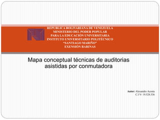 Mapa conceptual técnicas de auditorias
asistidas por conmutadora
REPUBLICA BOLIVARIANA DE VENEZUELA
MINISTERIO DEL PODER POPULAR
PARA LA EDUCACIÓN UNIVERSITARIA
INSTITUTO UNIVERSITARIO POLITÉCNICO
“SANTIAGO MARIÑO”
EXENSIÓN BARINAS
Autor: Alexandro Acosta
C.I V- 19.528.536
 