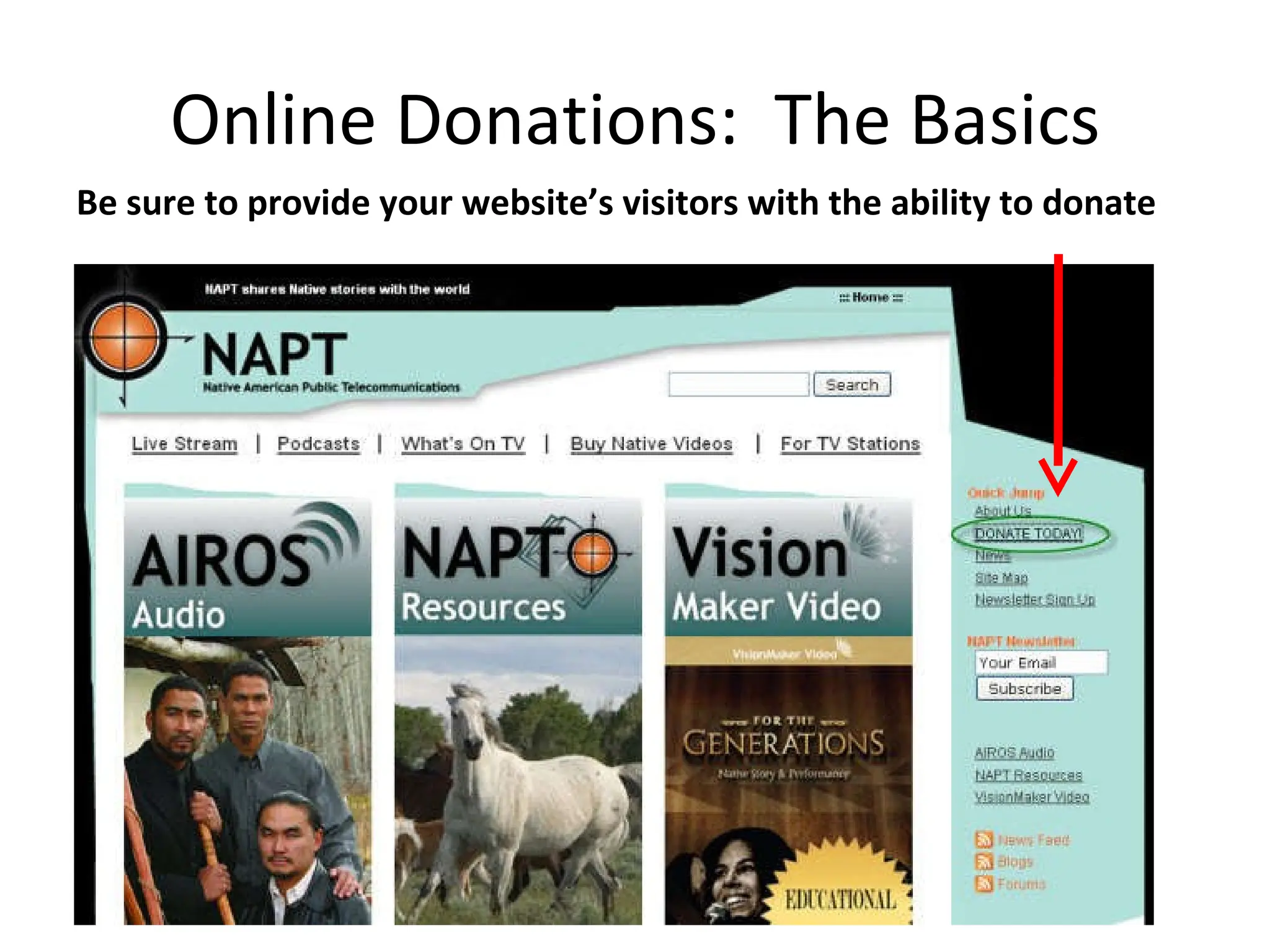 Online Donations:  The Basics Be sure to provide your website’s visitors with the ability to donate 