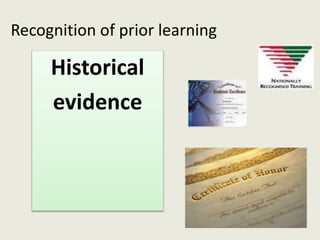 Recognition of prior learning
Historical
evidence
 