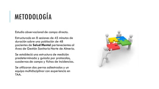 METODOLOGÍA
Estudio observacional de campo directo.
Estructurado en 8 sesiones de 45 minutos de
duración sobre una población de 48
pacientes de Salud Mental pertenecientes al
Área de Gestión Sanitaria Norte de Almería.
Se estableció una estructura de medición
predeterminada y guiada por protocolos,
cuadernos de campo y fichas de incidencias.
Se utilizaron dos perros adiestrados y un
equipo multidisciplinar con experiencia en
TAA.
 