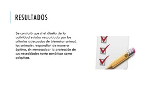 RESULTADOS
Se constató que si el diseño de la
actividad estaba respaldada por los
criterios adecuados de bienestar animal,
los animales respondían de manera
óptima, sin menoscabar la protección de
sus necesidades tanto somáticas como
psíquicas.
 