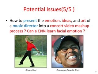 Potential Issues(5/5 )
• How to present the emotion, ideas, and art of
a music director into a concert video mashup
proces...