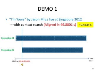DEMO 1
• “I’m Yours” by Jason Mraz live at Singapore 2012
– with context search (Aligned in 49.8001 s)
48
Time
Line00:00:0...