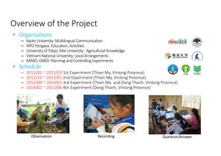 Overview of the Project
• Organizations
– Kyoto University: Multilingual Communication
– NPO Pangaea: Education, Activitie...