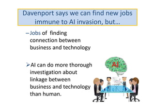 Davenport says we can find new jobs
immune to AI invasion, but…
–Jobs of finding
connection between
business and technology
AI can do more thorough
investigation about
linkage between
business and technology
than human.
AI
 