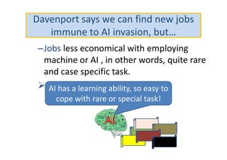Davenport says we can find new jobs
immune to AI invasion, but…
–Jobs less economical with employing
machine or AI , in other words, quite rare
and case specific task.
AI
AI
AI has a learning ability, so easy to
cope with rare or special task!
 
