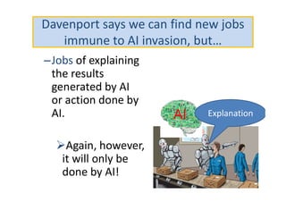 Davenport says we can find new jobs
immune to AI invasion, but…
–Jobs of explaining
the results
generated by AI
or action done by
AI.
Again, however,
it will only be
done by AI!
AI Explanation
 