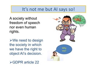 It’s not me but AI says so!
AIA society without
freedom of speech
nor even human
rights.
We need to design
the society in which
we have the right to
object AI’s decision.
GDPR article 22
Why
me?
 