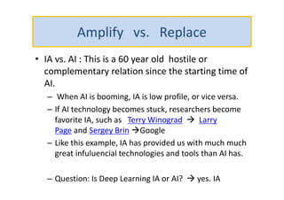 Amplify vs. Replace
• IA vs. AI : This is a 60 year old hostile or
complementary relation since the starting time of
AI.
– When AI is booming, IA is low profile, or vice versa.
– If AI technology becomes stuck, researchers become
favorite IA, such as Terry Winograd  Larry
Page and Sergey Brin Google
– Like this example, IA has provided us with much much
great infuluencial technologies and tools than AI has.
– Question: Is Deep Learning IA or AI?  yes. IA
 