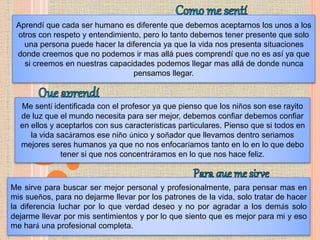 Aprendí que cada ser humano es diferente que debemos aceptarnos los unos a los
otros con respeto y entendimiento, pero lo tanto debemos tener presente que solo
una persona puede hacer la diferencia ya que la vida nos presenta situaciones
donde creemos que no podemos ir mas allá pues comprendí que no es así ya que
si creemos en nuestras capacidades podemos llegar mas allá de donde nunca
pensamos llegar.
Me sentí identificada con el profesor ya que pienso que los niños son ese rayito
de luz que el mundo necesita para ser mejor, debemos confiar debemos confiar
en ellos y aceptarlos con sus características particulares. Pienso que si todos en
la vida sacáramos ese niño único y soñador que llevamos dentro seriamos
mejores seres humanos ya que no nos enfocaríamos tanto en lo en lo que debo
tener si que nos concentráramos en lo que nos hace feliz.
Me sirve para buscar ser mejor personal y profesionalmente, para pensar mas en
mis sueños, para no dejarme llevar por los patrones de la vida, solo tratar de hacer
la diferencia luchar por lo que verdad deseo y no por agradar a los demás solo
dejarme llevar por mis sentimientos y por lo que siento que es mejor para mi y eso
me hará una profesional completa.
 