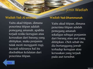 Jenis-jenis Wadiah
Wadiah Yad-Al amanah
Yaitu akad titipan, dimana
penerima titipan adalah
pemegang amanah, apabila
terjadi resiko kerugian atau
kerusakan dari barang yang
dititipkan, maka penjamin
tidak mesti mengganti rugi,
kecuali sekiranya hal itu
disebabkan kelalaian dari
penerima titipan.
Wadiah Yad-Dhammanah
Yaitu akad titipan, dimana
penerima titipan adalah
pemegang amanah
sekaligus sebagai penjamin
dari barang atau aset yang
dititipkan. Oleh sebab itu
dia bertanggung jawab
terhadap kerugian atau
kerusakan yang terjadi
pada aset tersebut.
Back
 