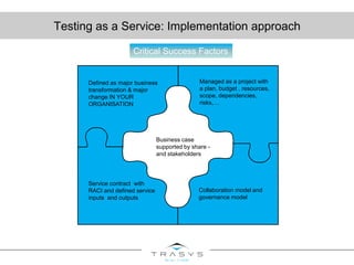 Testing as a Service: Implementation approach
Critical Success Factors
Defined as major business
transformation & major
change IN YOUR
ORGANISATION
Managed as a project with
a plan, budget , resources,
scope, dependencies,
risks,…
Business case
supported by share -
and stakeholders
Service contract with
RACI and defined service
inputs and outputs
Collaboration model and
governance model
 