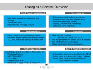 Testing as a Service: Our vision
• Business & technology risks define test
strategy
• Traceability matrix
• Requirements coverage analysis
Risk & Requirements Based
• Test management & defect management
• Test automation, test data analysis & mgt.
• Performance testing & profiling
• Security , penetration & vulnerability
• Code review and inspection
Tool supported
• Focus on (important) business processes
• Black box testers need to master the business
• TCO & ROI drive test strategy & master plan
Business driven
• Based on best practices:
ISTQB , ISO 9126, ISO 29119
• Test design techniques for test cases & test data
• Test effort estimation techniques
• (Master) test plan & formal test strategy
Structured
Test strategy, tools & checklists (= framework) for:
• Mobile applications
• SAP, CRM & ERP
• Cloud SAAS
• Webservices & SOA
• Mainframe <> J2EE <> RIA & HTML5 <> …
Technology specific
• Test activities should be embedded in the SDLC
• Testing starts at inception of a project / release
• Testing should be adapted to the lifecycle:
Agile, iterative, V-model
Early & Adapted to lifecycle
 