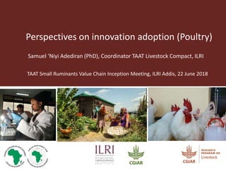 Perspectives on innovation adoption (Poultry)
Samuel ‘Niyi Adediran (PhD), Coordinator TAAT Livestock Compact, ILRI
TAAT Small Ruminants Value Chain Inception Meeting, ILRI Addis, 22 June 2018
 