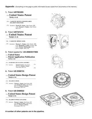 Appendix   (Everything on this page is public information & was copied from documents on the internet.)


1. Patent US7063285




2. Patent US7341214




3. Patent applied for: US 2008/0317894




4. Patent US D598733




5. Patent US D598922




A number of other patents are in the pipeline.
 
