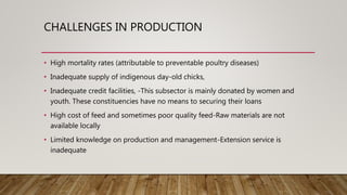 CHALLENGES IN PRODUCTION
• High mortality rates (attributable to preventable poultry diseases)
• Inadequate supply of indigenous day-old chicks,
• Inadequate credit facilities, -This subsector is mainly donated by women and
youth. These constituencies have no means to securing their loans
• High cost of feed and sometimes poor quality feed-Raw materials are not
available locally
• Limited knowledge on production and management-Extension service is
inadequate
 