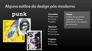Alguns estilos do design pós-moderno
Conceitos
Releituras
Críticas
Sujeira
Técnicas
Colagem
Fanzines
Fotocópias
Projetos
Álbuns
Fanzines
Temas
Crítica aos governos
vigentes, à cultura
dominante e ao sistema
de consumo.
 
