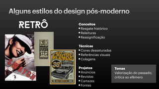 Alguns estilos do design pós-moderno
Conceitos
Resgate histórico
Releituras
Ressignificação
Técnicas
Cores dessaturadas
Referências visuais
Colagens
Projetos
Anúncios
Revistas
Cartazes
Fontes
Temas
Valorização do passado;
crítica ao efêmero
 