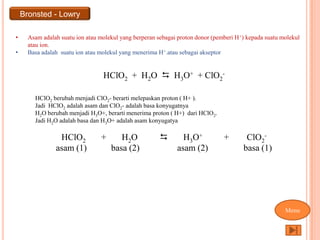 Bronsted - Lowry

•     Asam adalah suatu ion atau molekul yang berperan sebagai proton donor (pemberi H +) kepada suatu molekul
      atau ion.
•     Basa adalah suatu ion atau molekul yang menerima H+.atau sebagai akseptor


                                  HClO2 + H2O  H3O+ + ClO2-

        HClO2 berubah menjadi ClO2- berarti melepaskan proton ( H+ ).
        Jadi HClO2 adalah asam dan ClO2- adalah basa konyugatnya
        H2O berubah menjadi H3O+, berarti menerima proton ( H+) dari HClO2.
        Jadi H2O adalah basa dan H3O+ adalah asam konyugatya

                 HClO2            +      H2 O                   H3O+            +       ClO2-
                asam (1)              basa (2)                 asam (2)                 basa (1)




                                                                                                        Menu
 